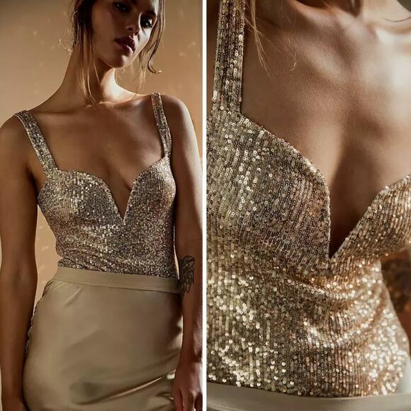 New! Free People Intimately Sparks Fly Bodysuit In Gold, size L - Picture 2 of 16